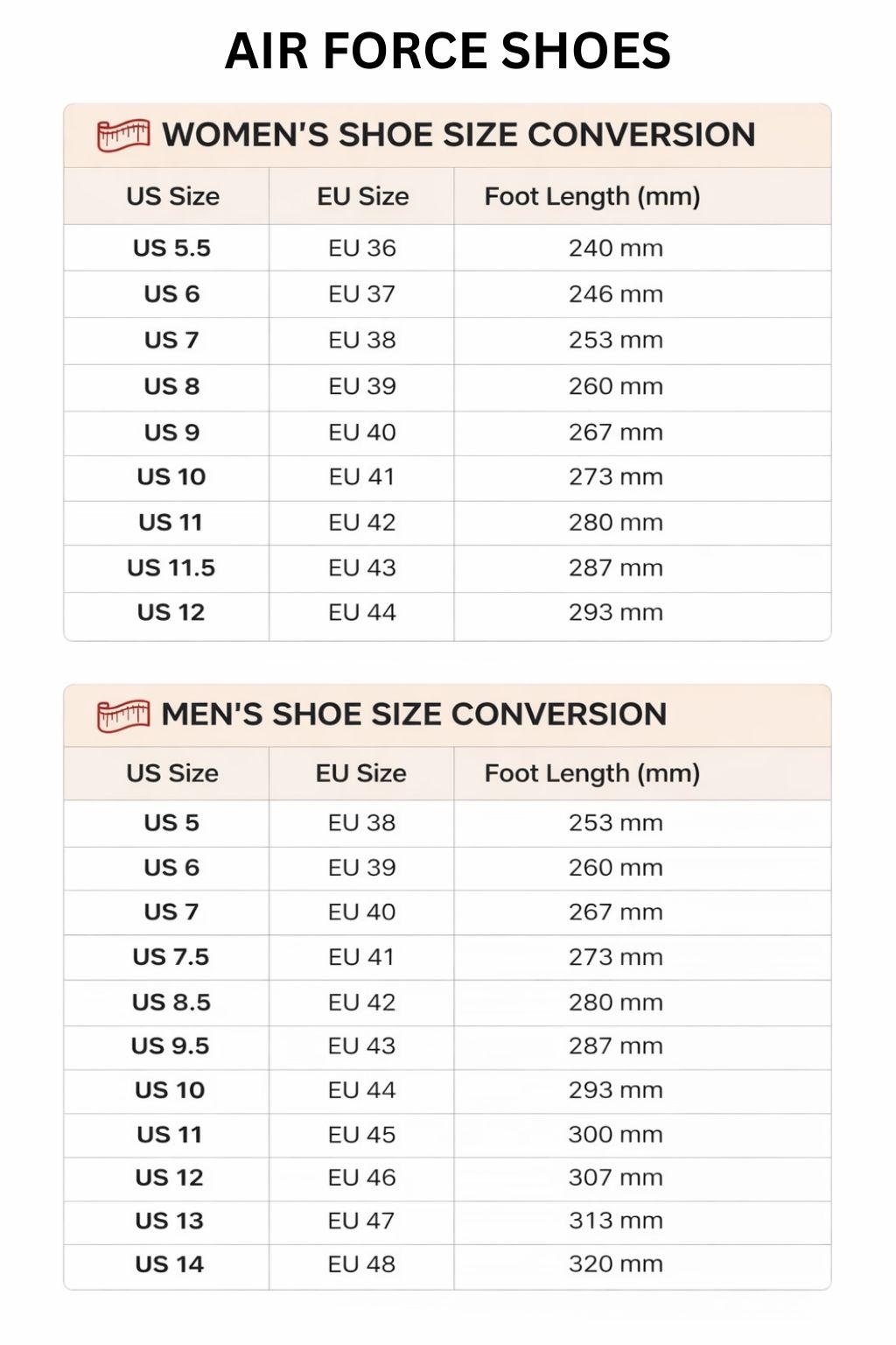 Air Force Shoes Size Chart - One-Punch Man AU Store