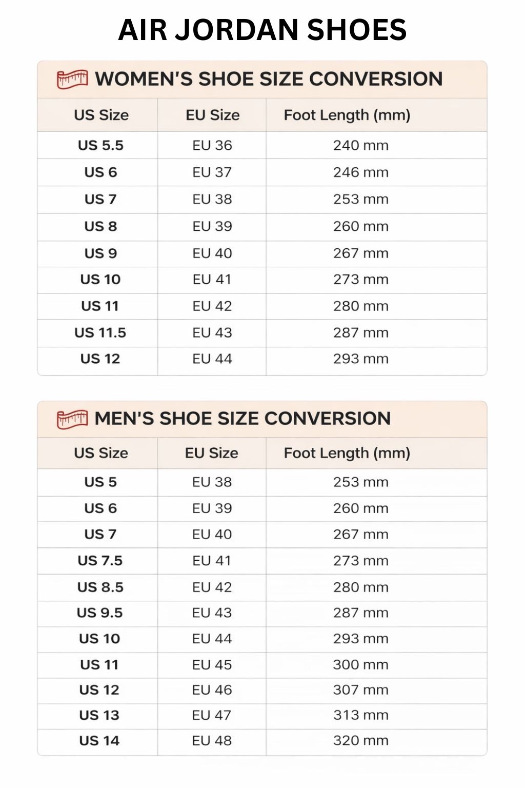 Air Jordan High Low Top Shoes Size Chart - One-Punch Man AU Store