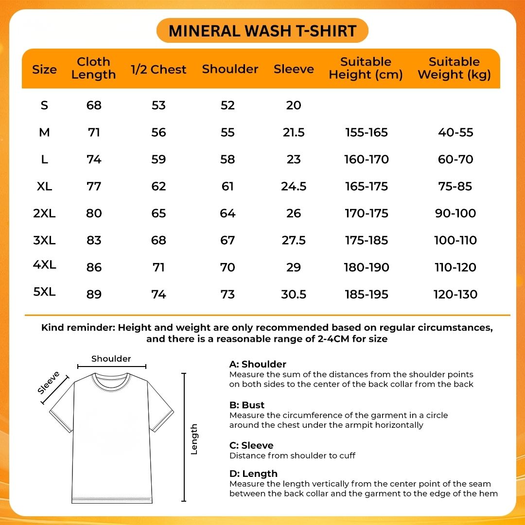 Mineral Wash T Shirt Size Chart - One-Punch Man AU Store