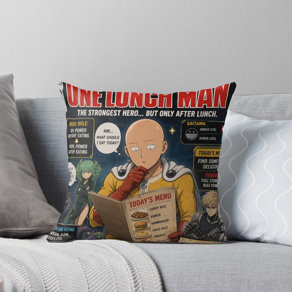 One Punch Man Lunch Parody Throw Pillow